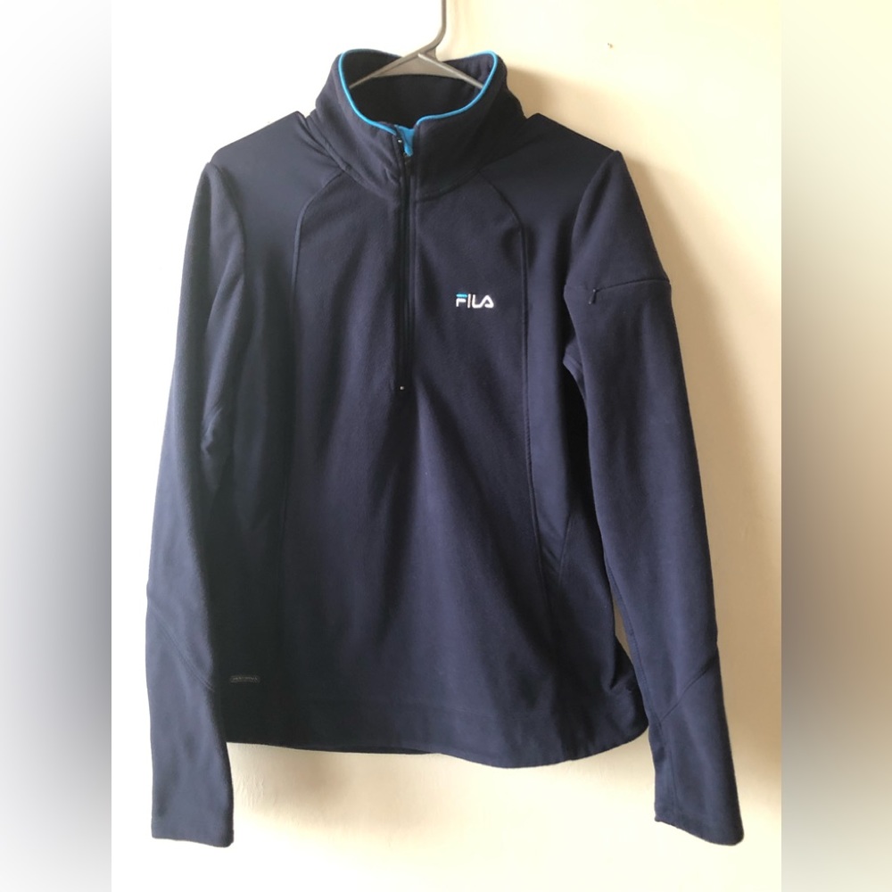 Womens FILA Sweatshirt Size Large Navy Blue Fleece Lightweight Arm Zipped Pocket